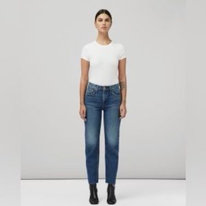 Harlow dark indigo straight-leg jean. This mid-rise style is fitted thru thigh.